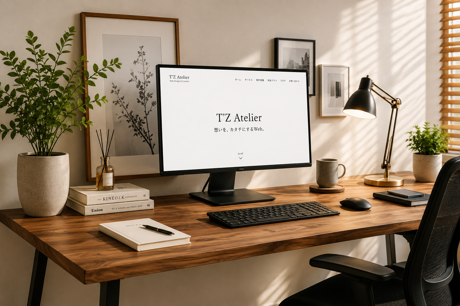 木製デスクのモニターに表示されたT'Z Atelierのサイト、伊賀の工房のワークスペース